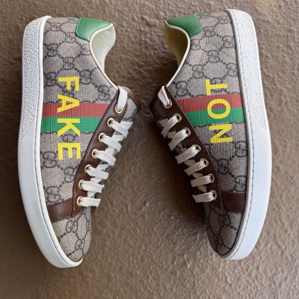 GUCCI Ace Supreme Leather Canvas Print Sneaker Women's Brown EU 37